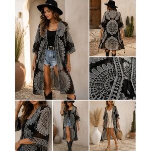 Ember Grey Black Floral Lace Mesh Kimono Cardigan Tie Front ST8449 NWT Medium